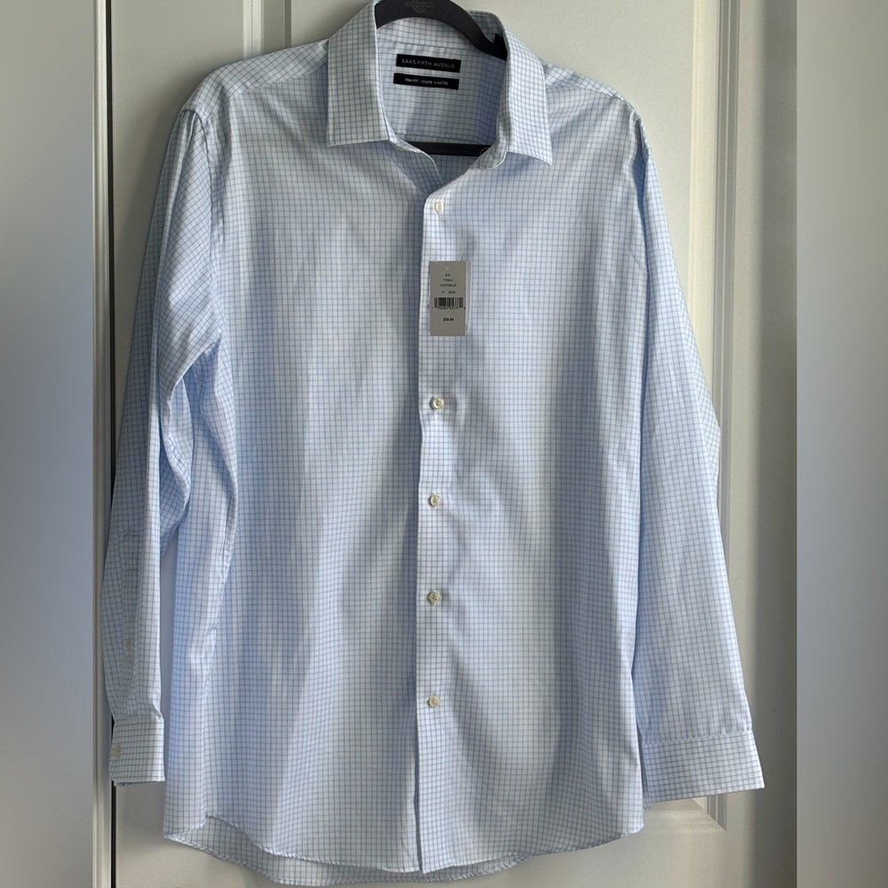 NWT Saks Fifth Avenue Men Blue & White Dress Shirt Size 17x 34/35
